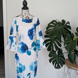Calvin Klein White and Blue Floral Long Sleeve Dress